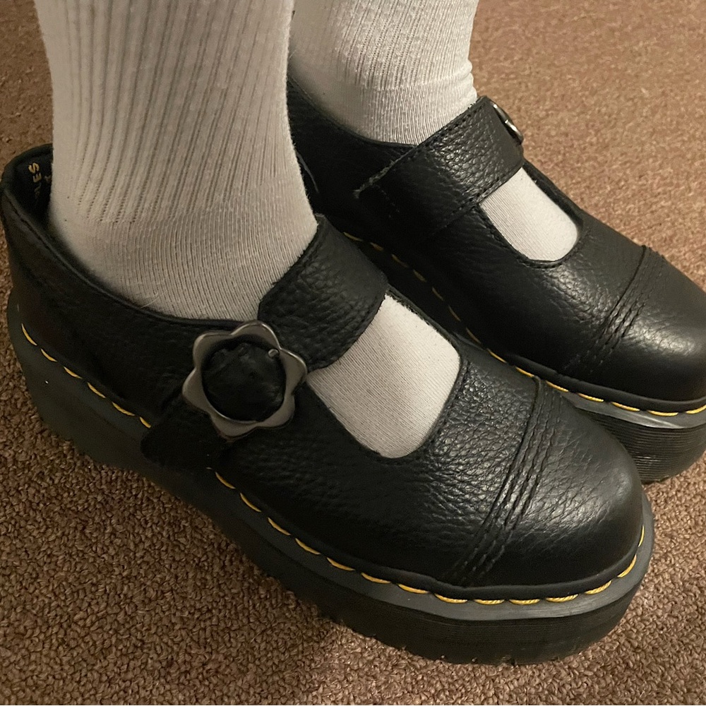 Dr. Martens ADDINA FLOWER BUCKLE LEATHER PLATFORM SHOES
